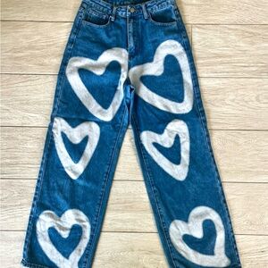 High Waist Heart Print Wide Leg Blue Jeans XS Women’s